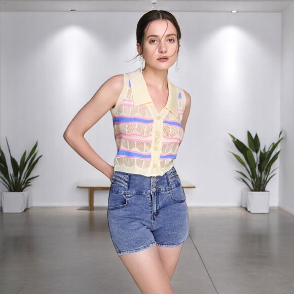 NWT J.ING Ivory Striped Button-Up Knitted Collar Vest One Size - Picture 3 of 7